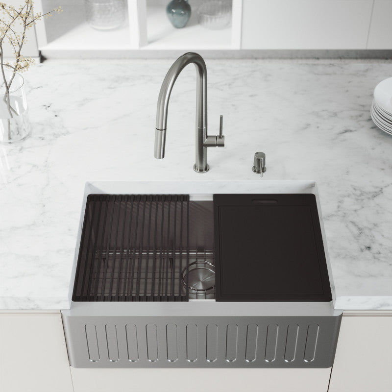 Oxford Fluted 30" Stainless Steel Apron / Farmhouse Kitchen Sink with Workstation