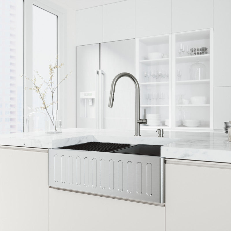 Oxford Fluted 30" Stainless Steel Apron / Farmhouse Kitchen Sink with Workstation