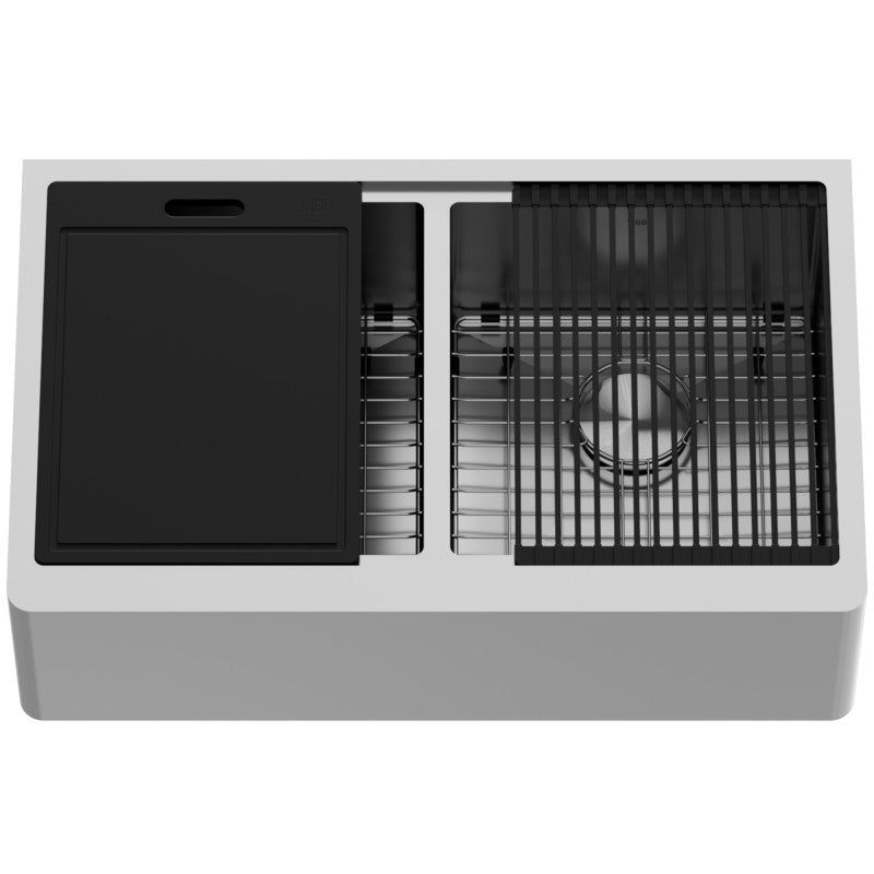 Oxford Flat 33" Stainless Steel Apron / Farmhouse Double Basin Kitchen Sink with Workstation