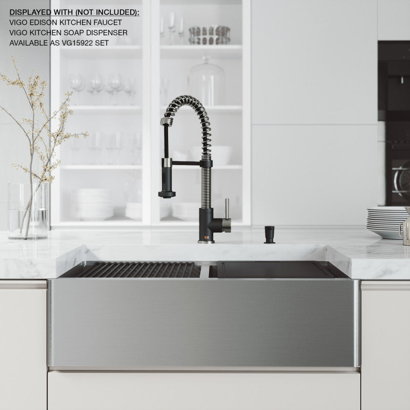Oxford Flat 33" Stainless Steel Apron / Farmhouse Double Basin Kitchen Sink with Workstation