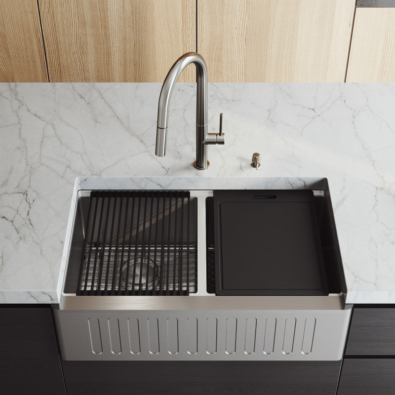 Oxford Fluted 33" Stainless Steel Apron / Farmhouse Double Basin Kitchen Sink with Workstation