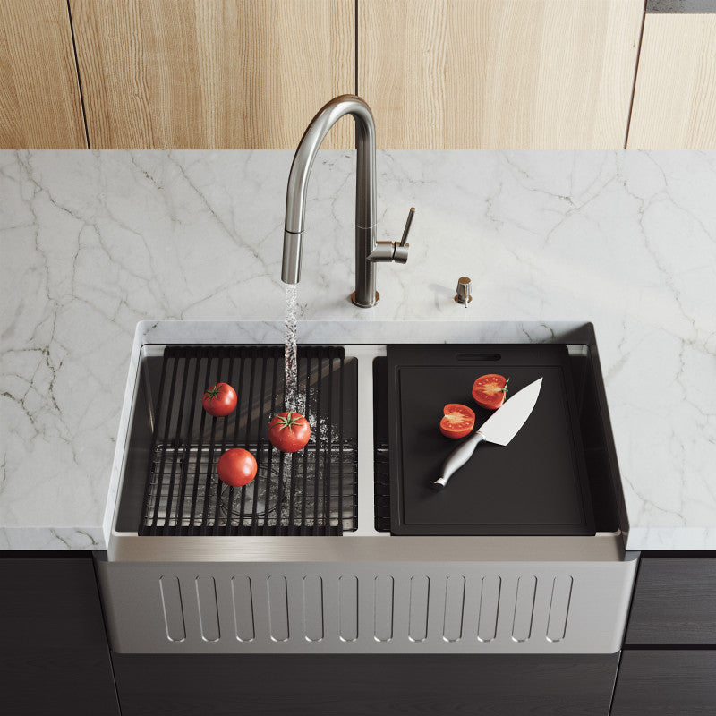 Oxford Fluted 33" Stainless Steel Apron / Farmhouse Double Basin Kitchen Sink with Workstation