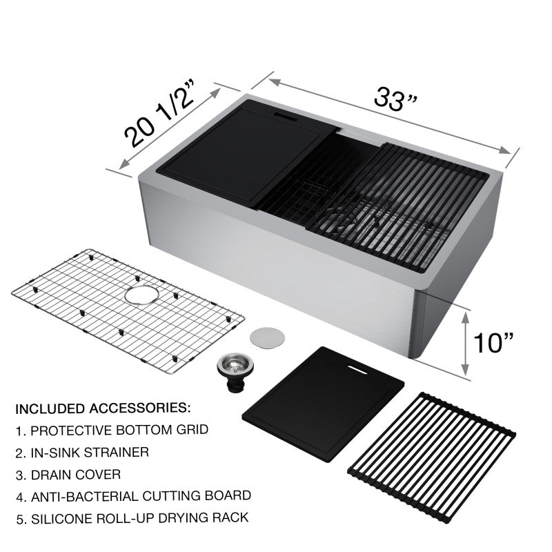 Oxford Flat 33" Stainless Steel Apron / Farmhouse Kitchen Sink with Workstation