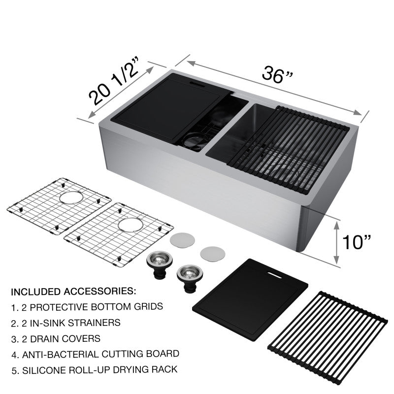 Oxford Flat 36" Stainless Steel Apron / Farmhouse Double Basin Kitchen Sink with Workstation