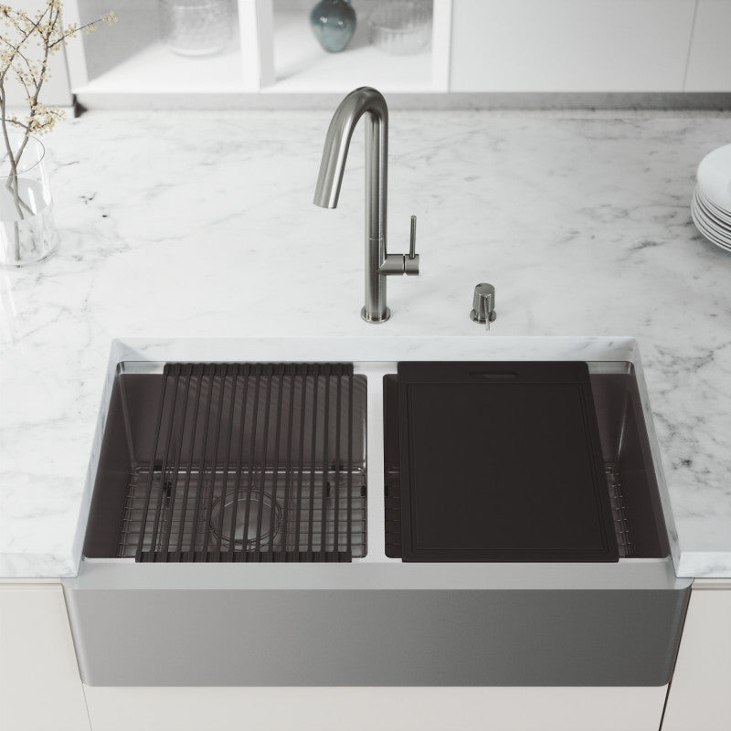 Oxford Flat 36" Stainless Steel Apron / Farmhouse Double Basin Kitchen Sink with Workstation