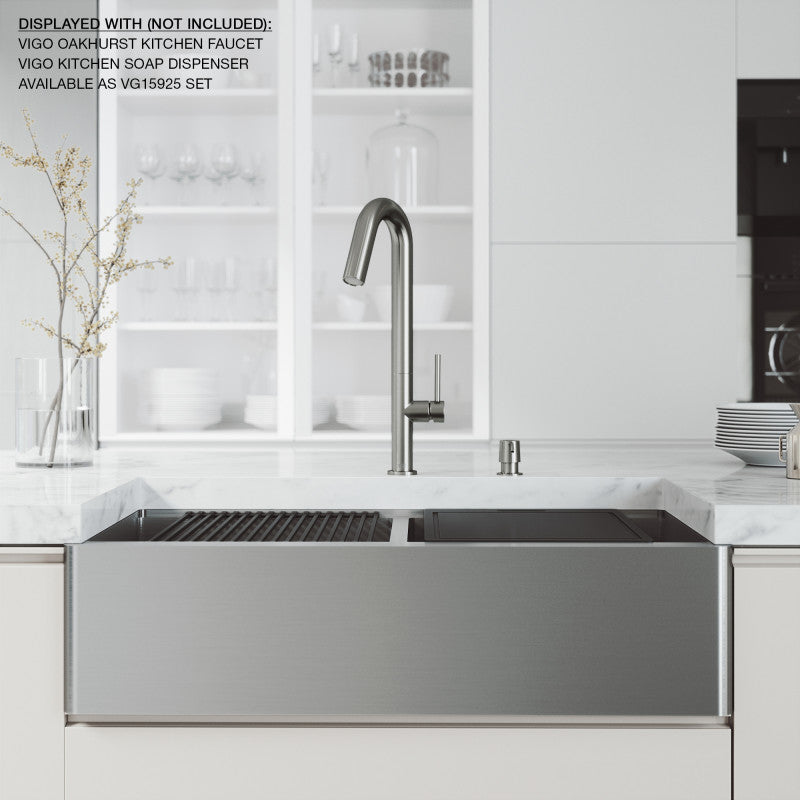 Oxford Flat 36" Stainless Steel Apron / Farmhouse Double Basin Kitchen Sink with Workstation