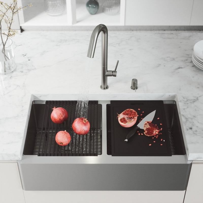 Oxford Flat 36" Stainless Steel Apron / Farmhouse Double Basin Kitchen Sink with Workstation