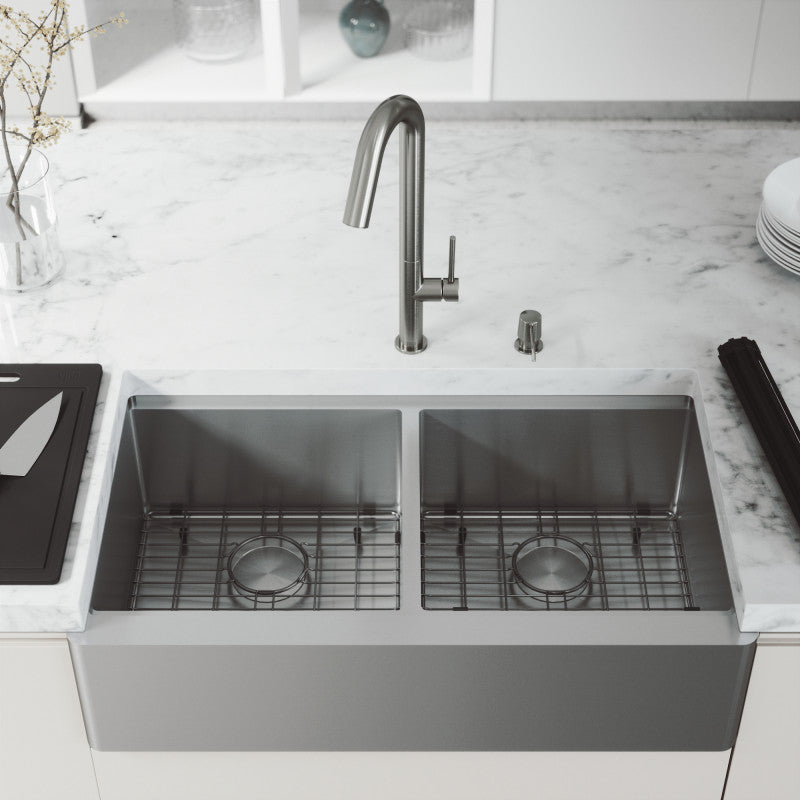 Oxford Flat 36" Stainless Steel Apron / Farmhouse Double Basin Kitchen Sink with Workstation