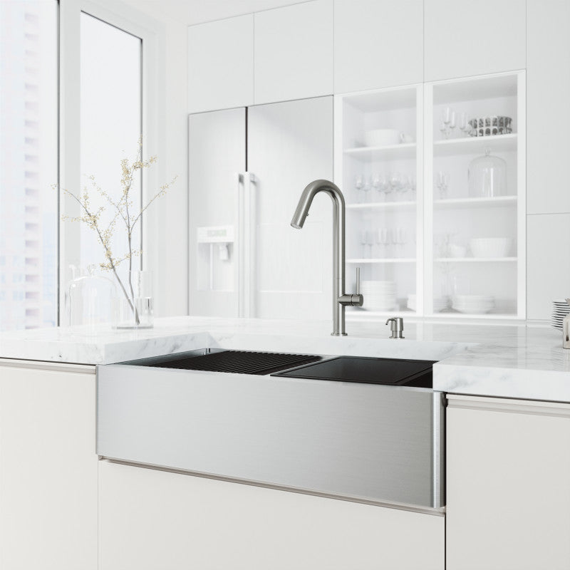 Oxford Flat 36" Stainless Steel Apron / Farmhouse Double Basin Kitchen Sink with Workstation