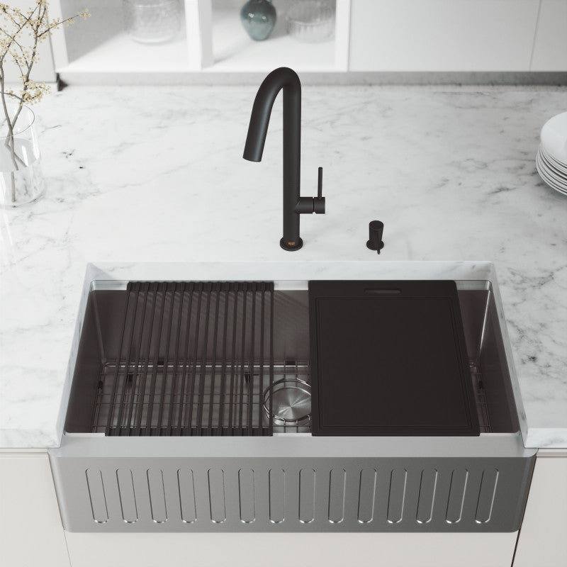 Oxford Fluted 36" Stainless Steel Apron / Farmhouse Kitchen Sink with Workstation