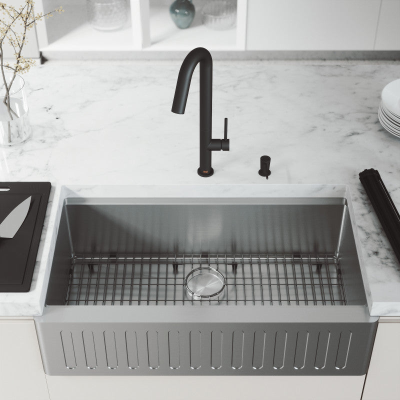 Oxford Fluted 36" Stainless Steel Apron / Farmhouse Kitchen Sink with Workstation