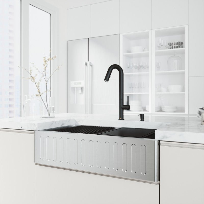 Oxford Fluted 36" Stainless Steel Apron / Farmhouse Kitchen Sink with Workstation