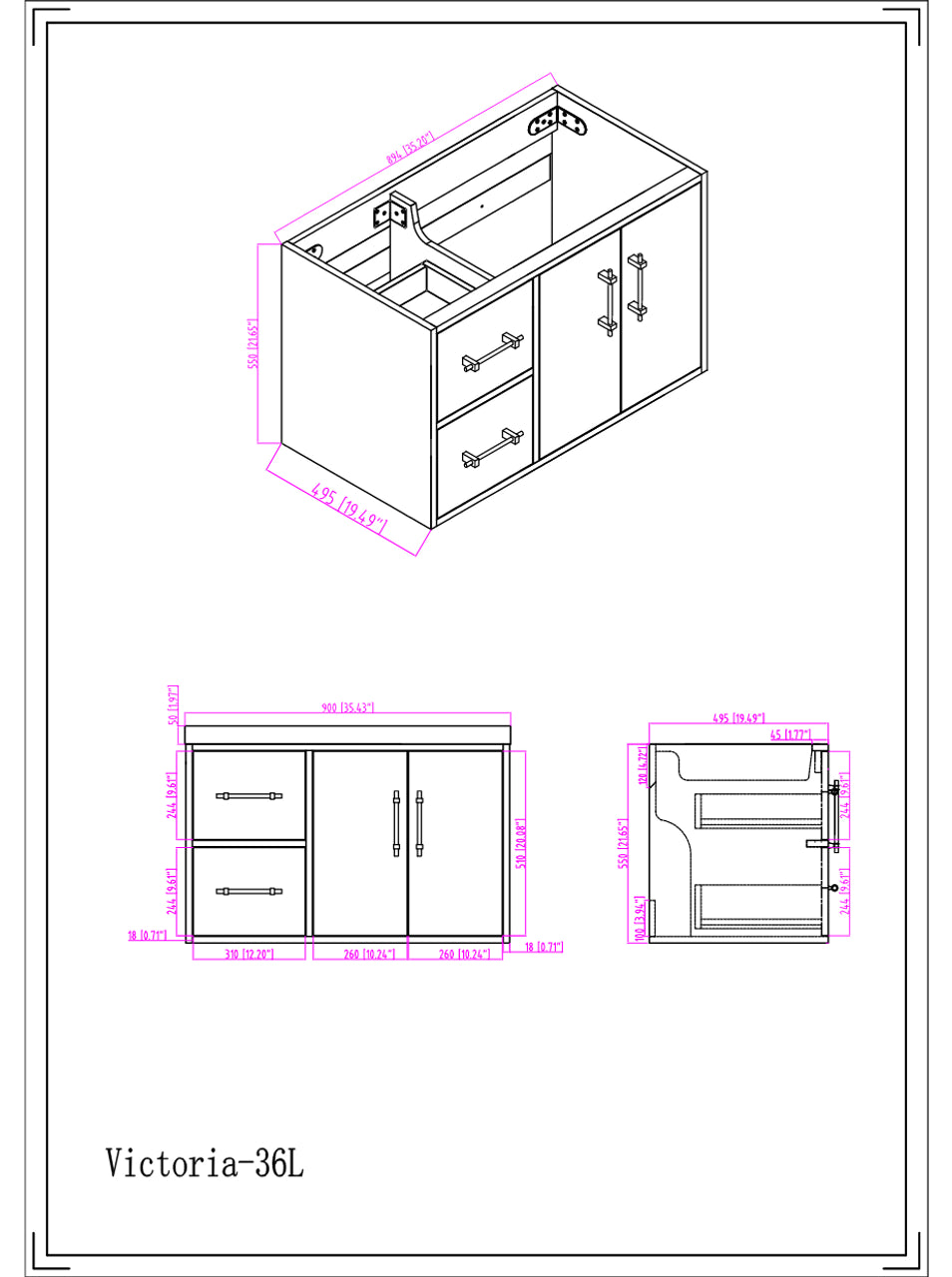 Victoria 36" Wall Mounted Bathroom Vanity with Reinforced Acrylic Integrated Sink Top