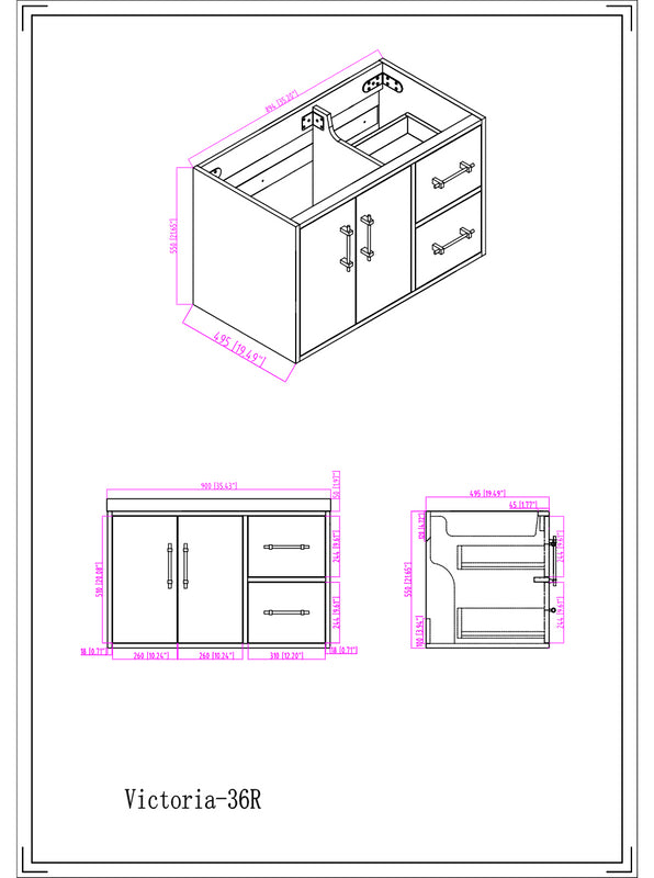 Victoria 36" Wall Mounted Bathroom Vanity with Reinforced Acrylic Integrated Sink Top