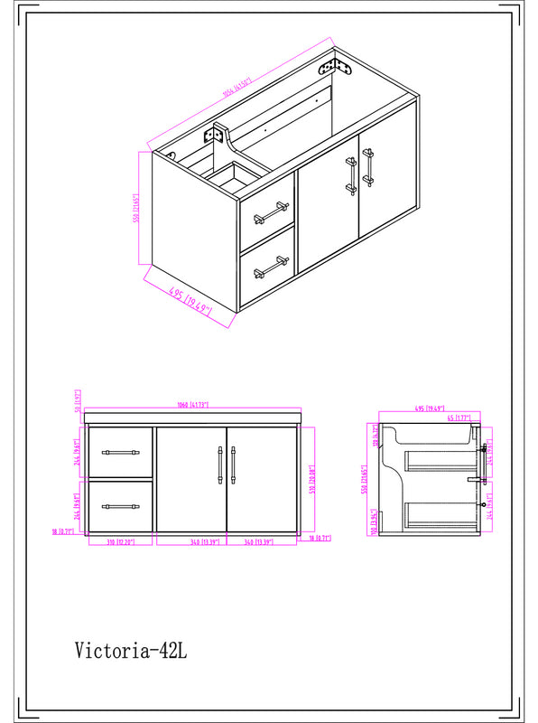 Victoria 42" Wall Mounted Bathroom Vanity with Reinforced Acrylic Integrated Sink Top