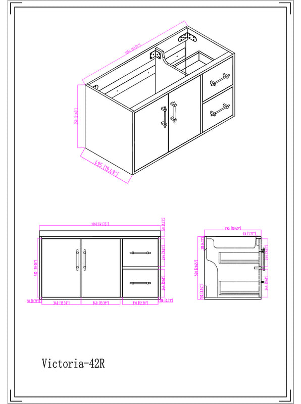 Victoria 42" Wall Mounted Bathroom Vanity with Reinforced Acrylic Integrated Sink Top