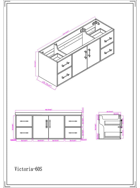 Victoria 60" Wall Mounted Bathroom Vanity with Reinforced Acrylic Integrated Sink Top