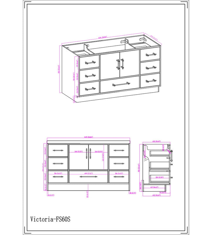 Victoria 60" Freestanding Bathroom Vanity with Reinforced Acrylic Integrated Sink Top