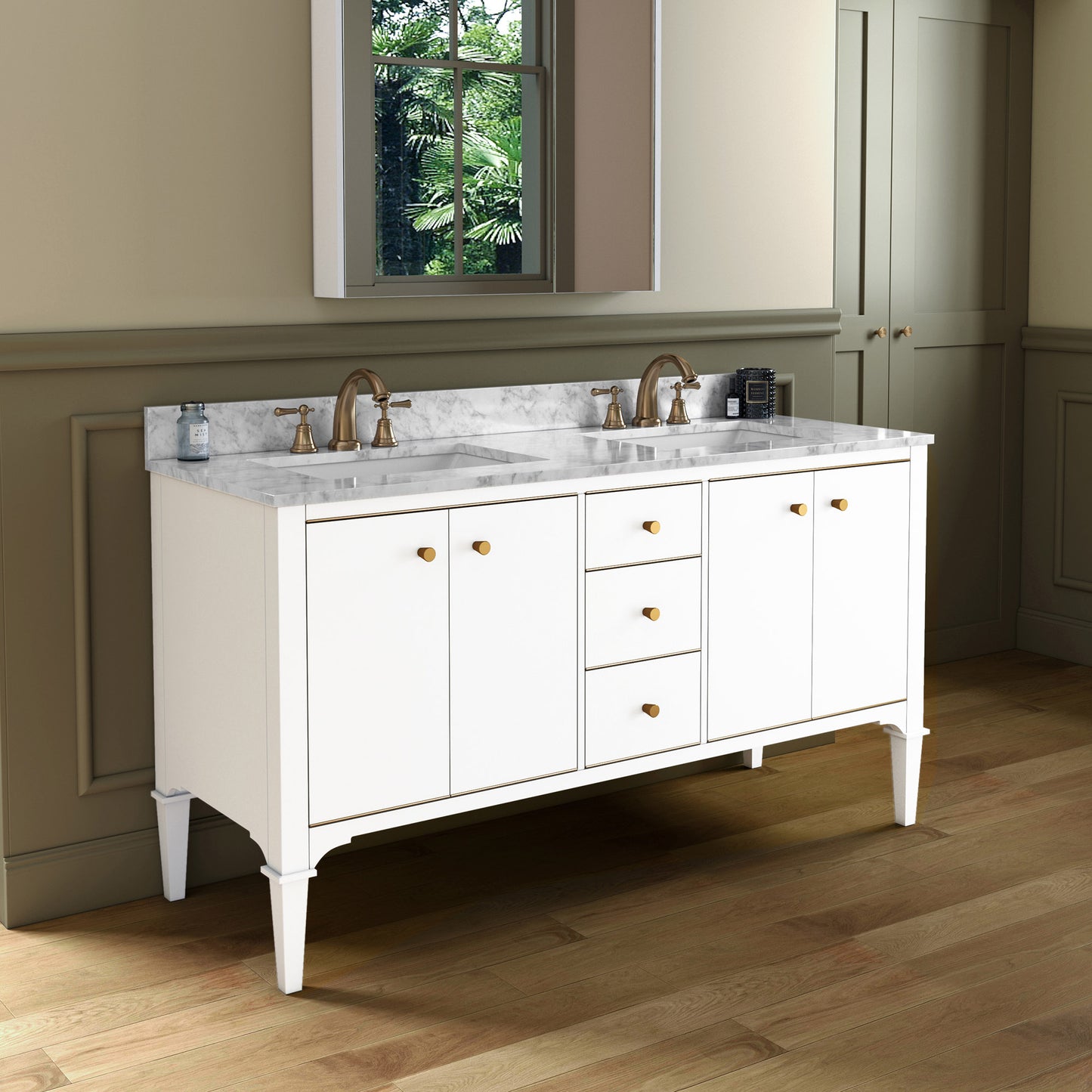 Roma 60" Freestanding Bathroom Vanity with Stone Top and Porcelain Undermount Sinks