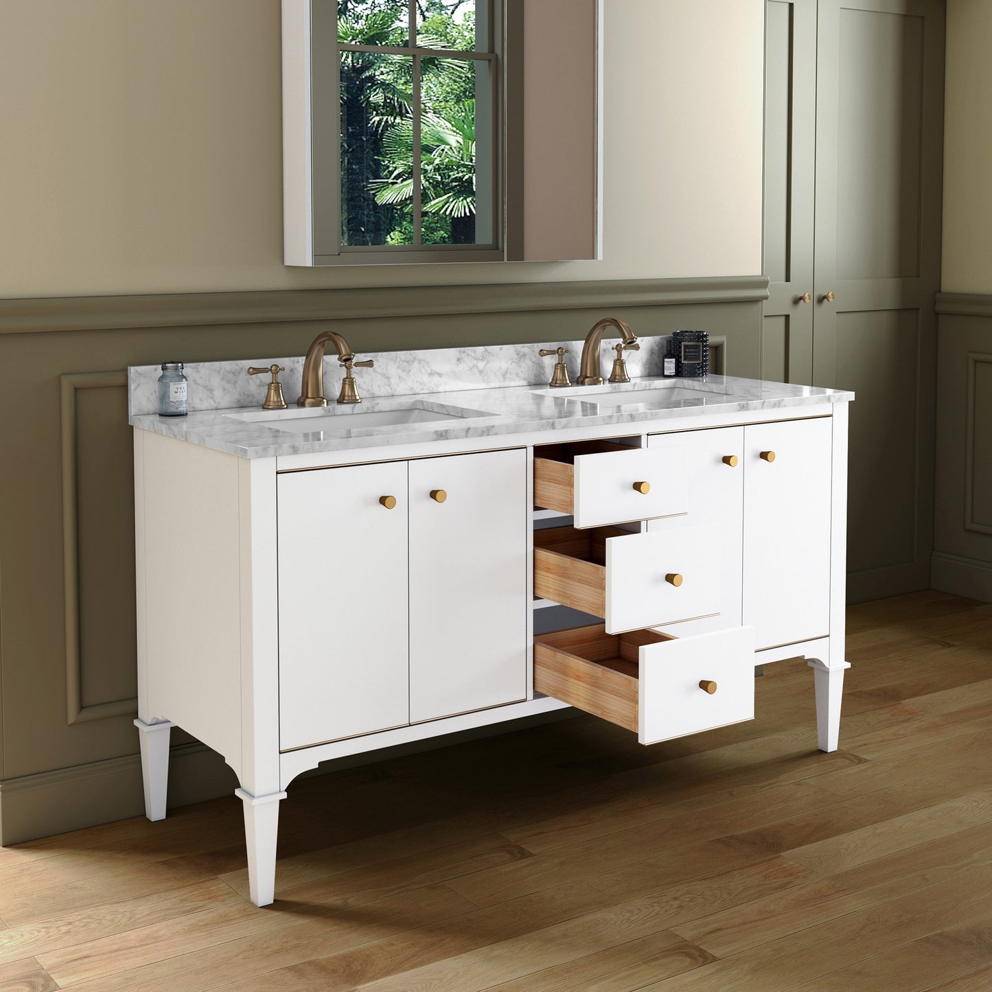 Roma 60" Freestanding Bathroom Vanity with Stone Top and Porcelain Undermount Sinks