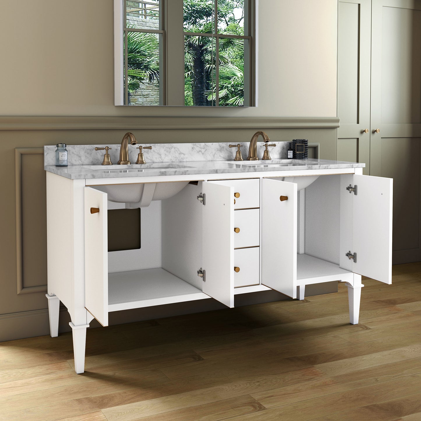 Roma 60" Freestanding Bathroom Vanity with Stone Top and Porcelain Undermount Sinks