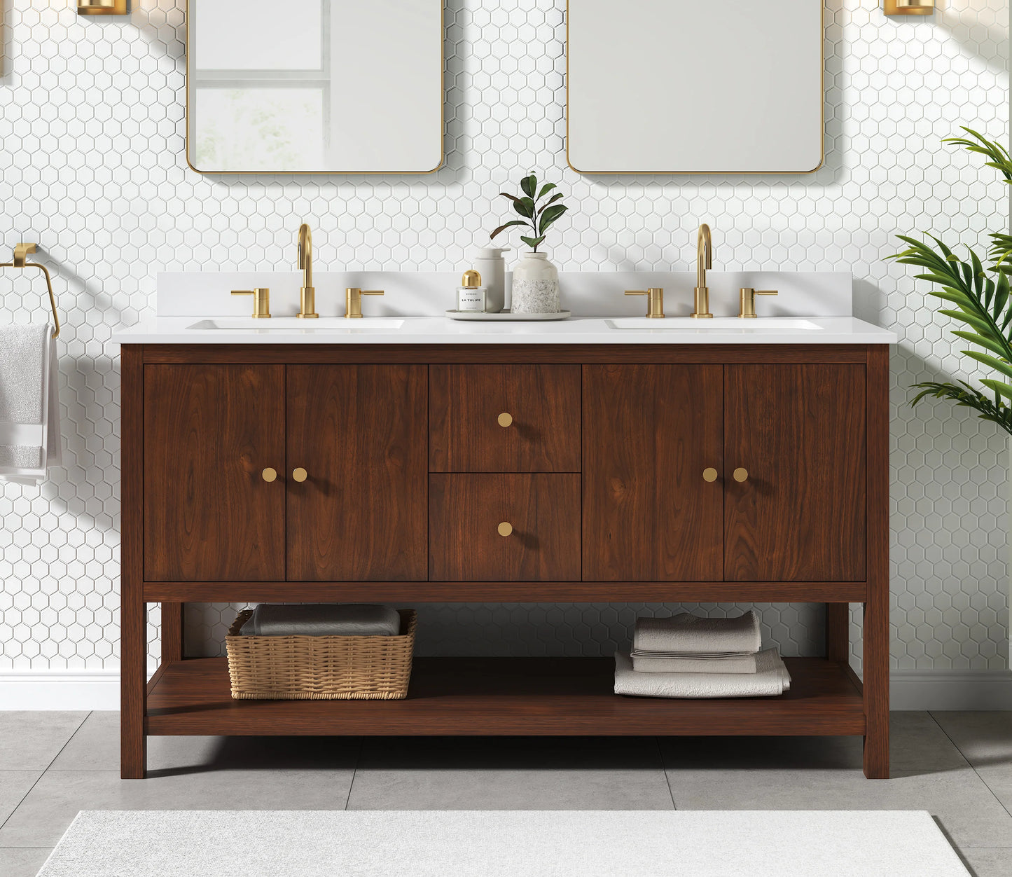 Zoe 60" Freestanding Bathroom Vanity with Pure White Quartz Top and Vitreous China Undermount Sinks - KBH Home