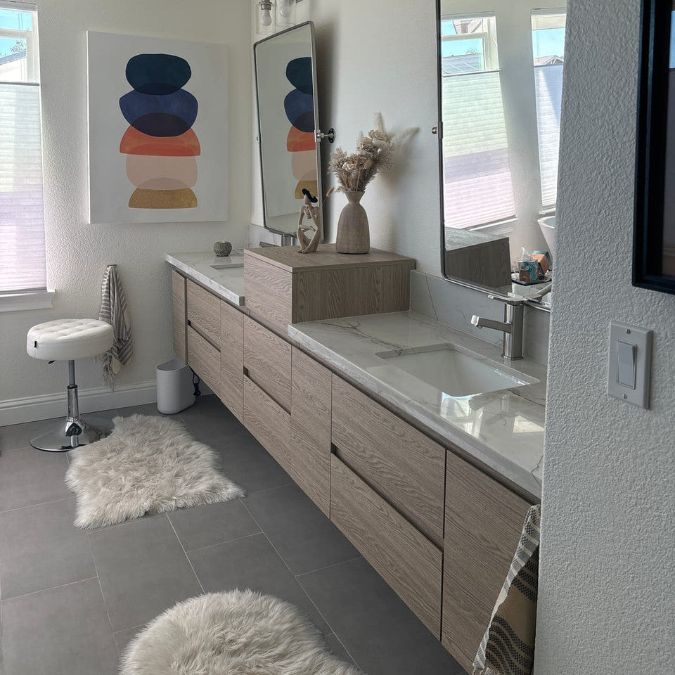 Bow 140" Wall Mounted Bathroom Vanity with Reinforced Acrylic Integrated Sink Top and Linen Cabinet