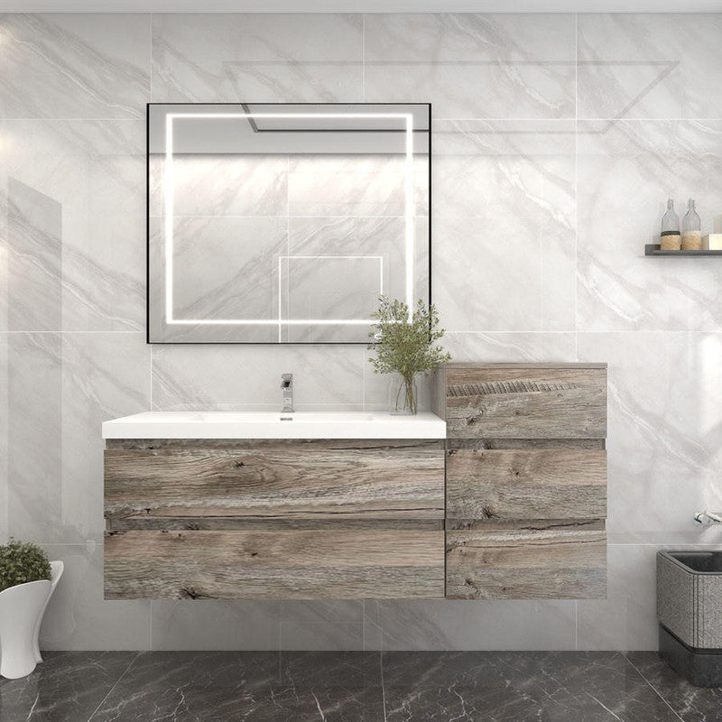 Bow 56" Wall Mounted Bathroom Vanity with Reinforced Acrylic Integrated Sink Top and Linen Cabinet