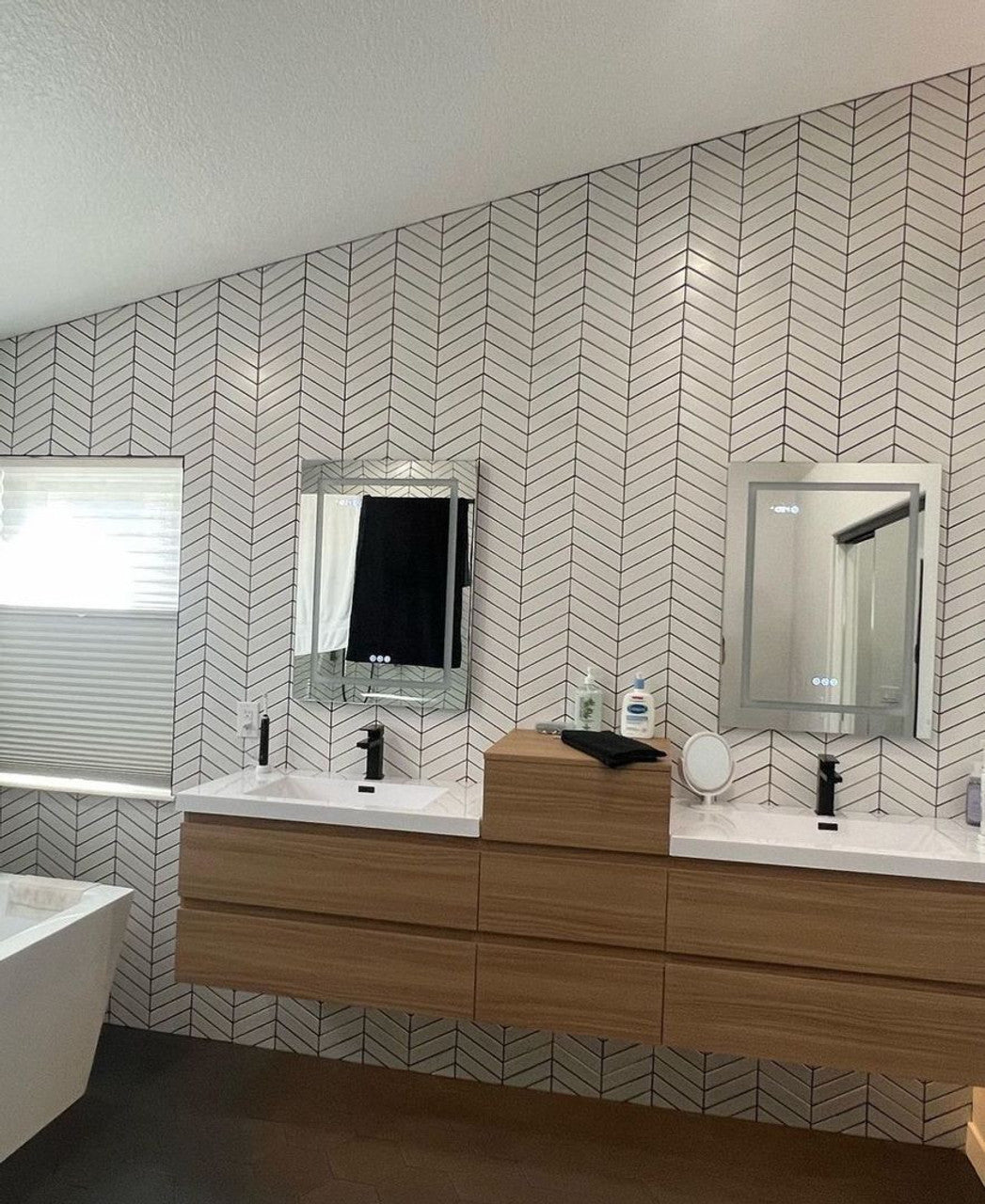 Bow 68" Wall Mounted Bathroom Vanity with Reinforced Acrylic Integrated Sink Top and Center Linen Cabinet
