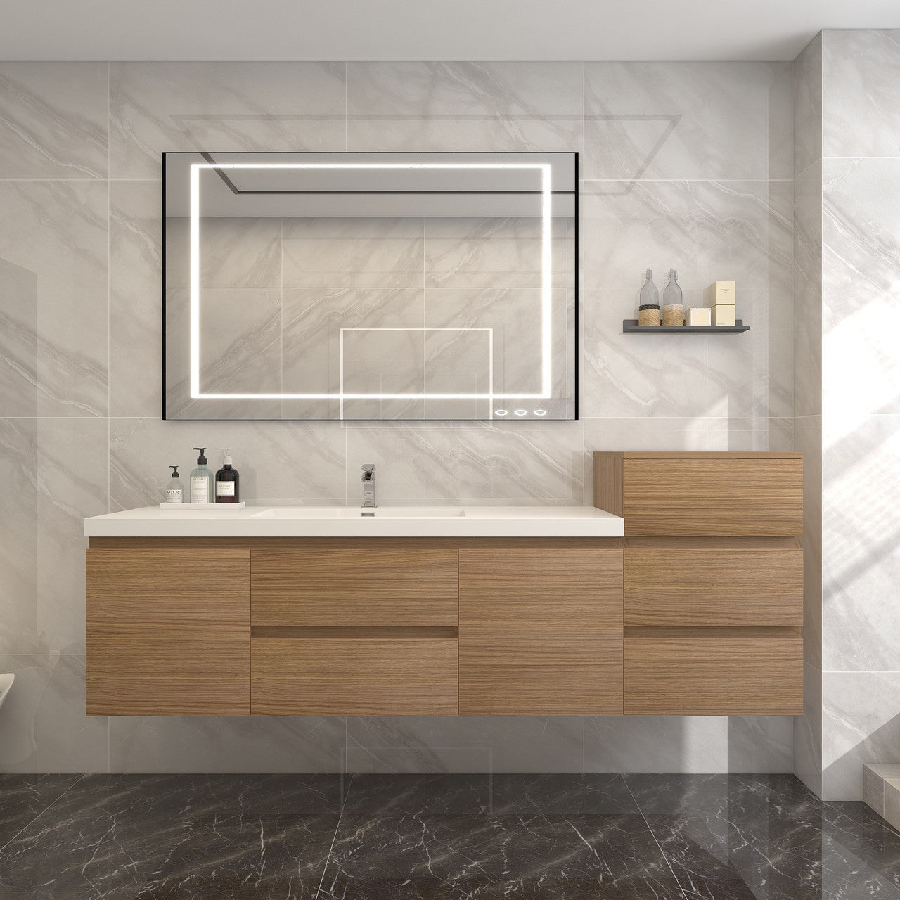 Bow 68" Wall Mounted Bathroom Vanity with Reinforced Acrylic Integrated Sink Top and Side Linen Cabinet