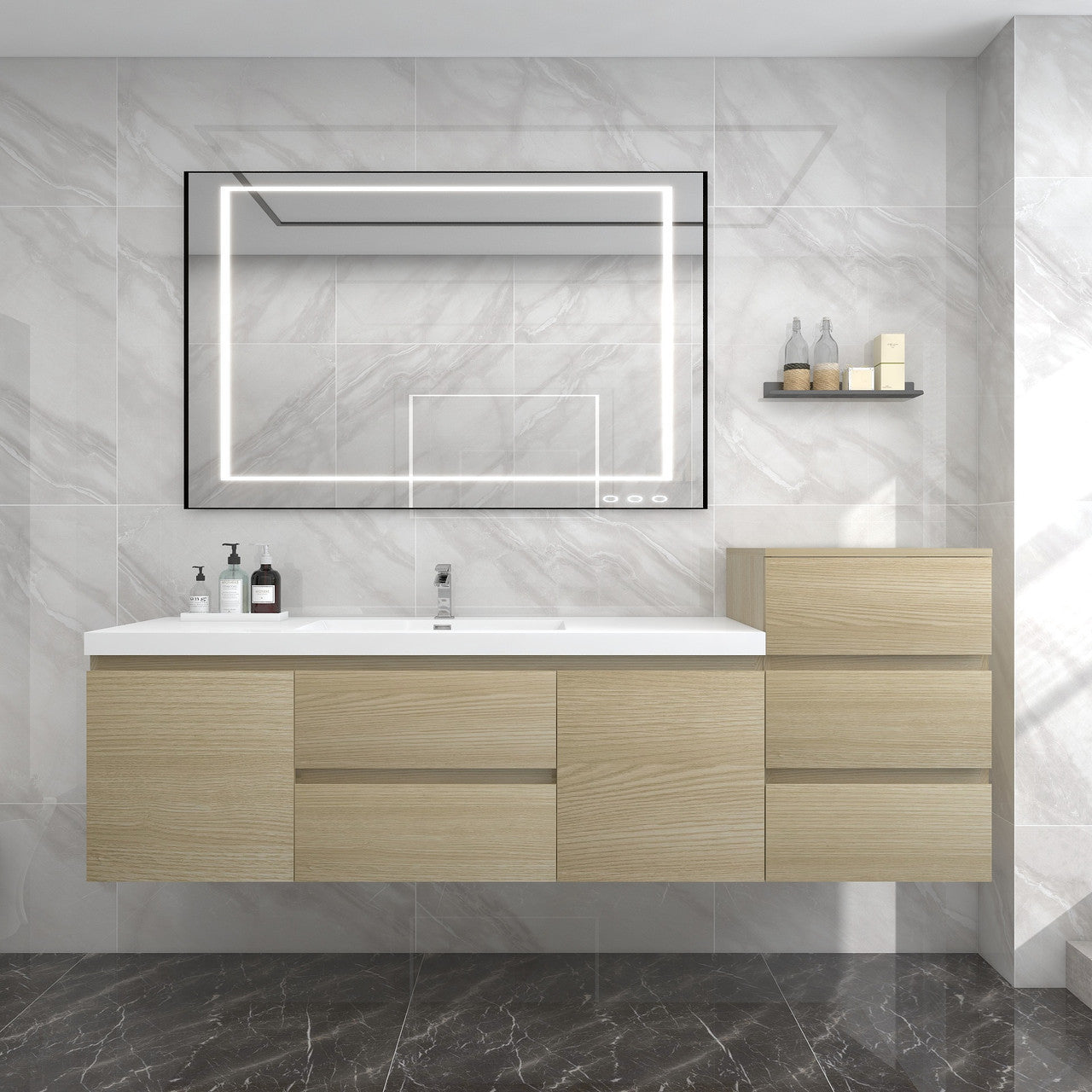 Bow 68" Wall Mounted Bathroom Vanity with Reinforced Acrylic Integrated Sink Top and Side Linen Cabinet