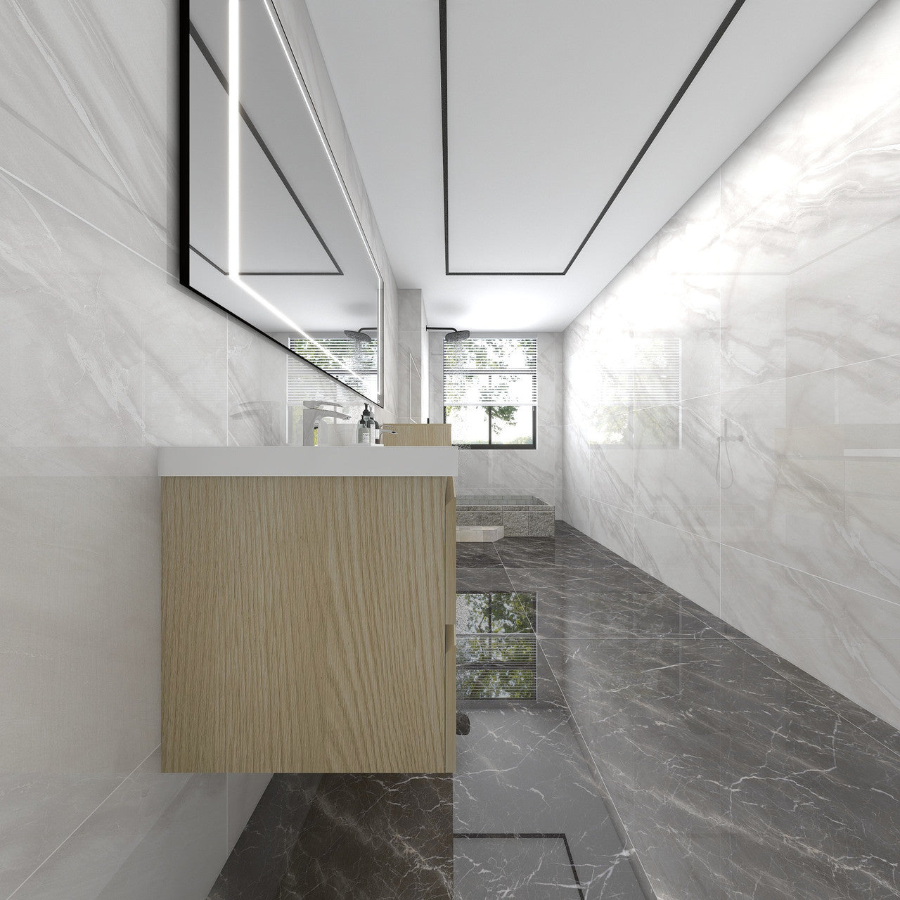 Bow 92" Wall Mounted Bathroom Vanity with Acylic Integrated Sink Top and Side Linen Cabinet