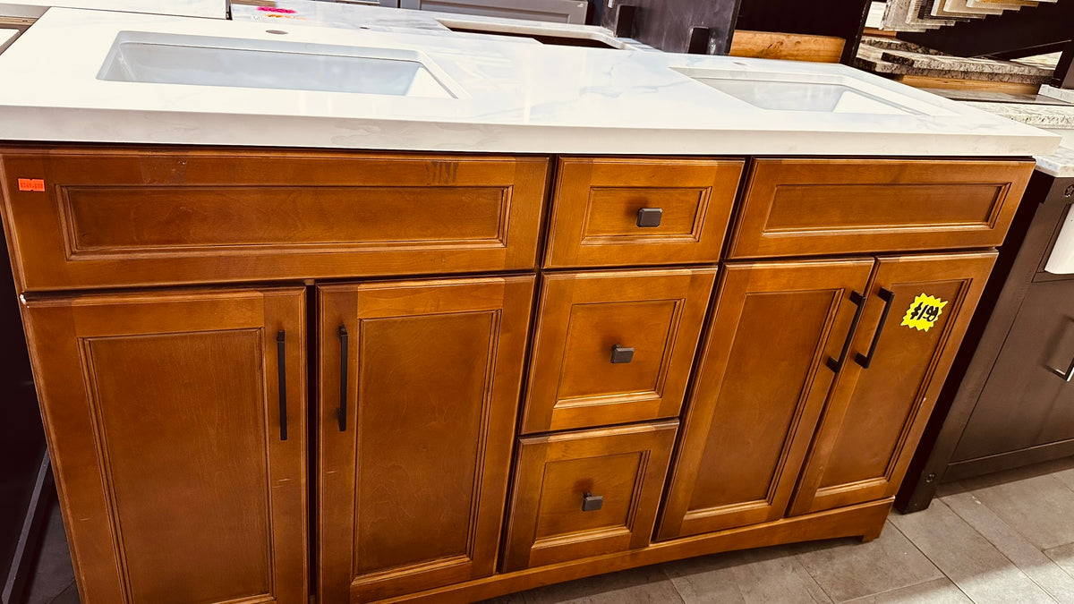 60 inch walnut shaker double sink vanity with quartz top, clearance