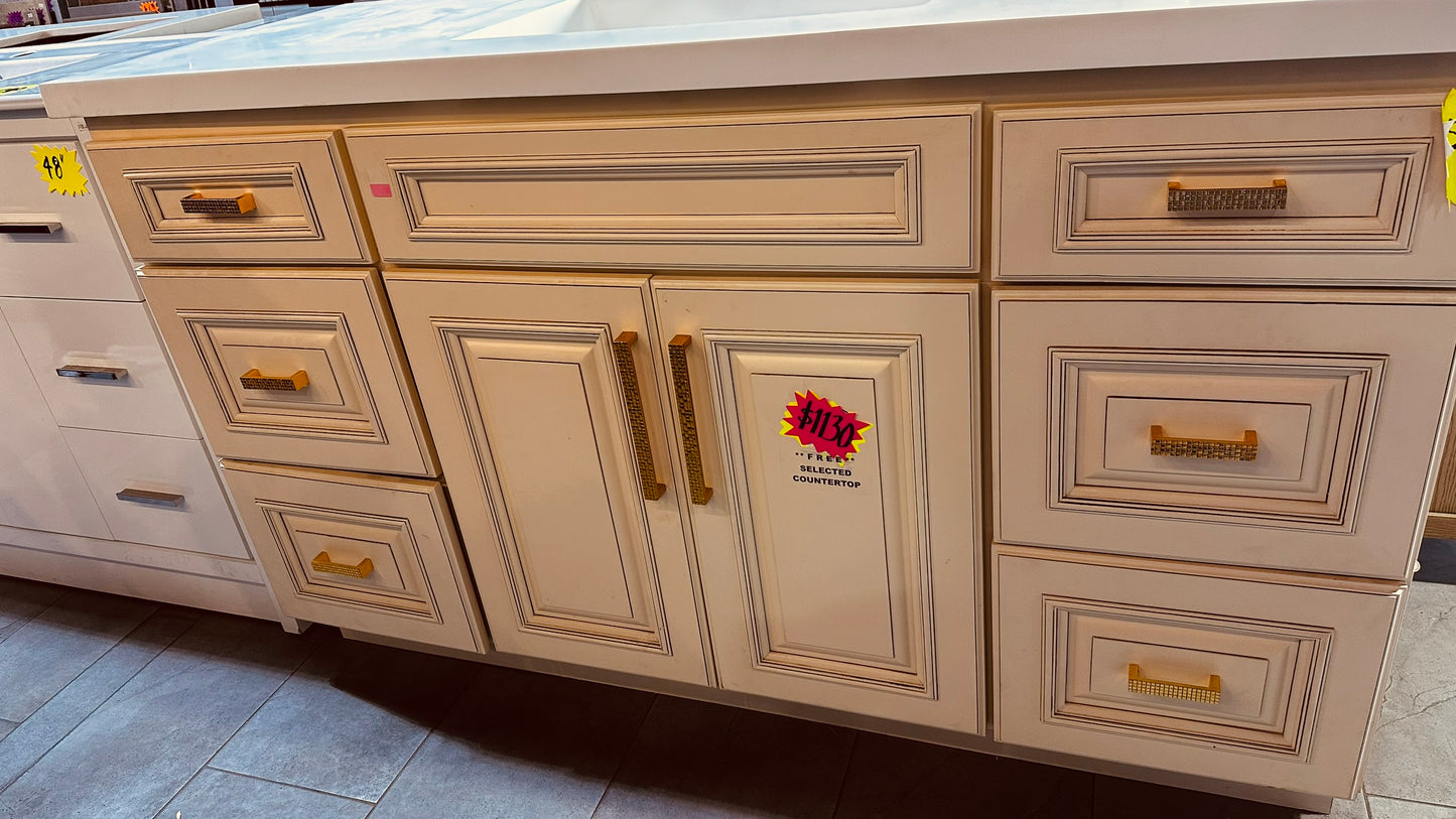 58 inch antique white shaker vanity cabinet, clearance