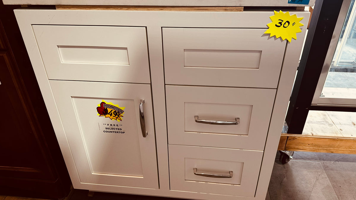 30 inch white shaker inset vanity cabinet, clearance
