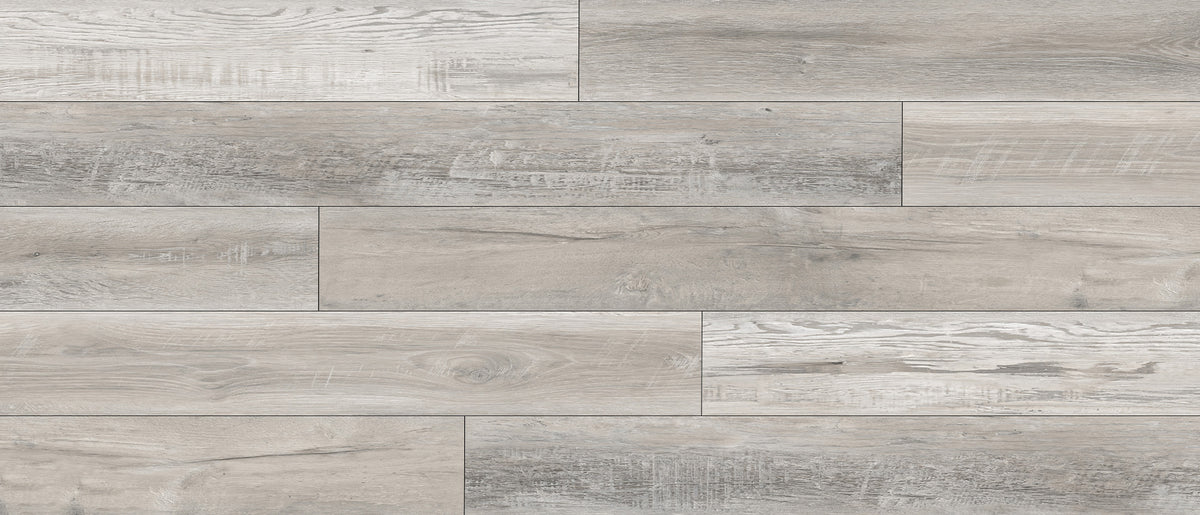Sierra Mont Blanc waterproof SPC vinyl plank flooring, pale weathered gray oak, 48 by 7 inch planks, floor layout
