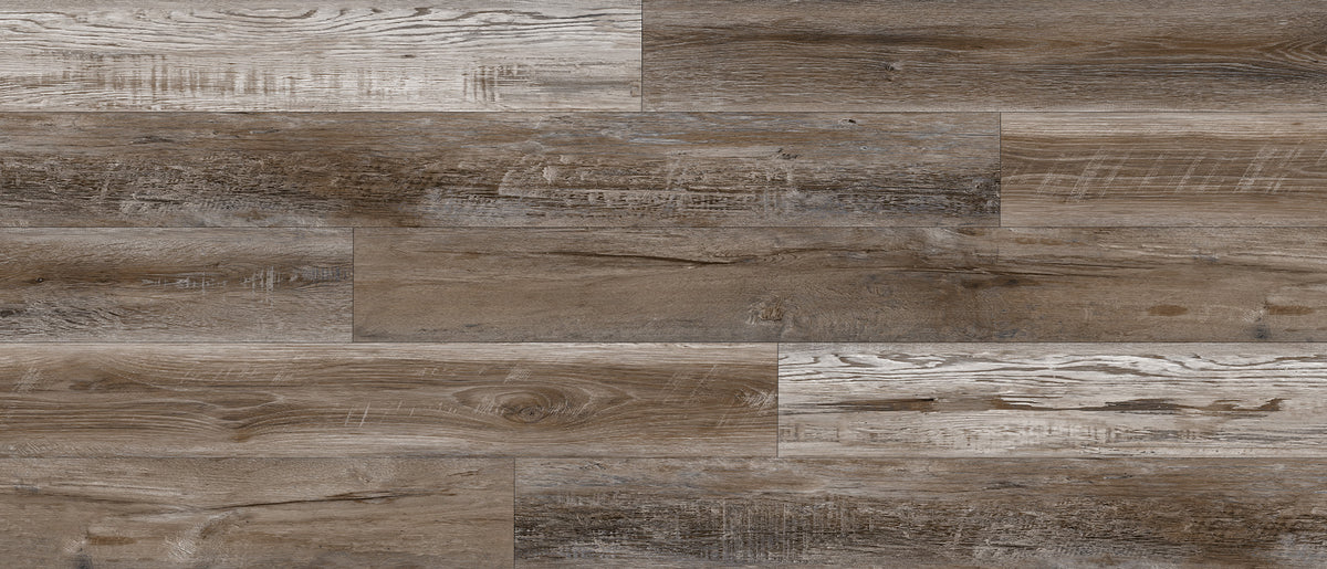 Sierra Mount Elbrus waterproof SPC vinyl plank flooring, mixed gray and brown reclaimed wood, 48 by 7 inch planks, floor layout