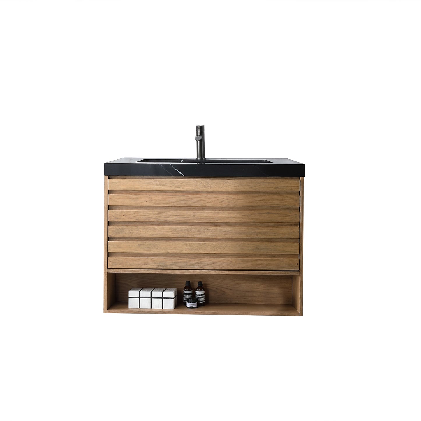 Matera 36 inch Pecan Oak wall mounted bathroom vanity with Black Marquina Quartz top