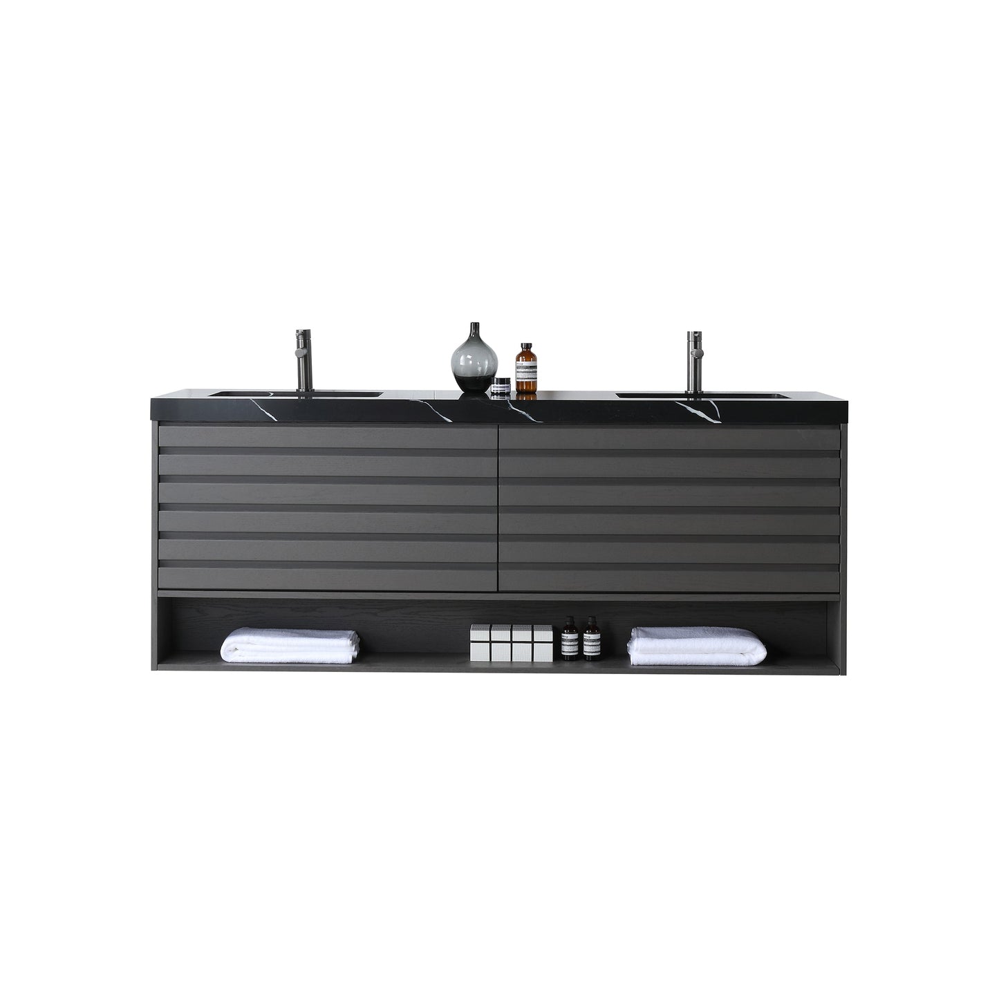 Matera 72 inch Double Charcoal wall mounted bathroom vanity with Black Marquina Quartz top