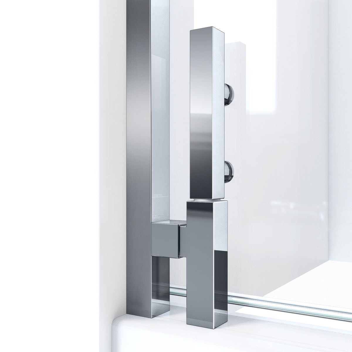 Ascend frameless pivot shower door bottom pivot hinge in Polished Chrome, detail view