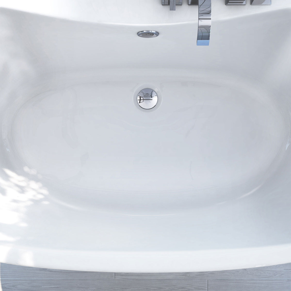 Caspian 60 inch freestanding acrylic bathtub in gloss white, shown in a styled setting