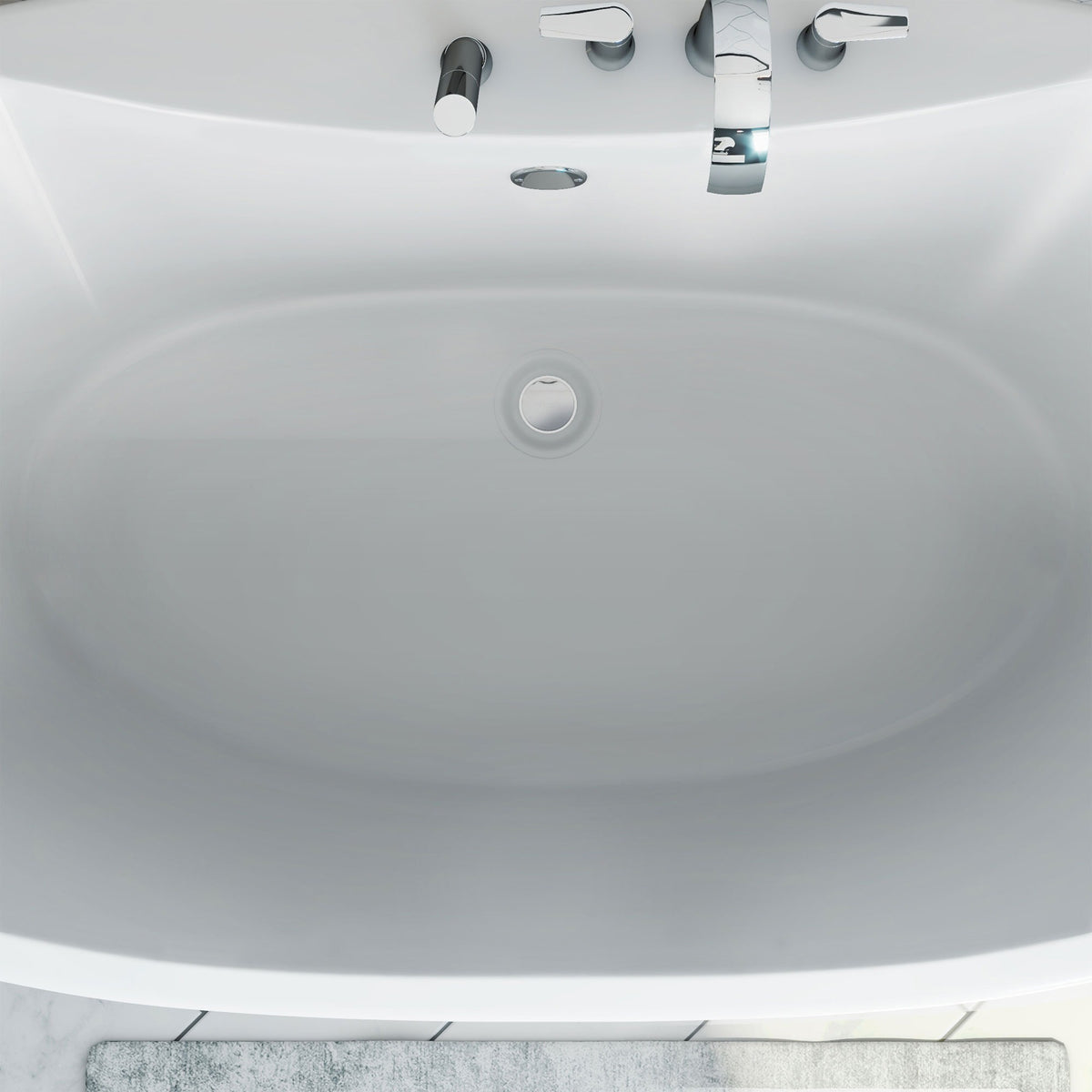Montego 60 inch freestanding acrylic bathtub in gloss white, shown in a styled setting