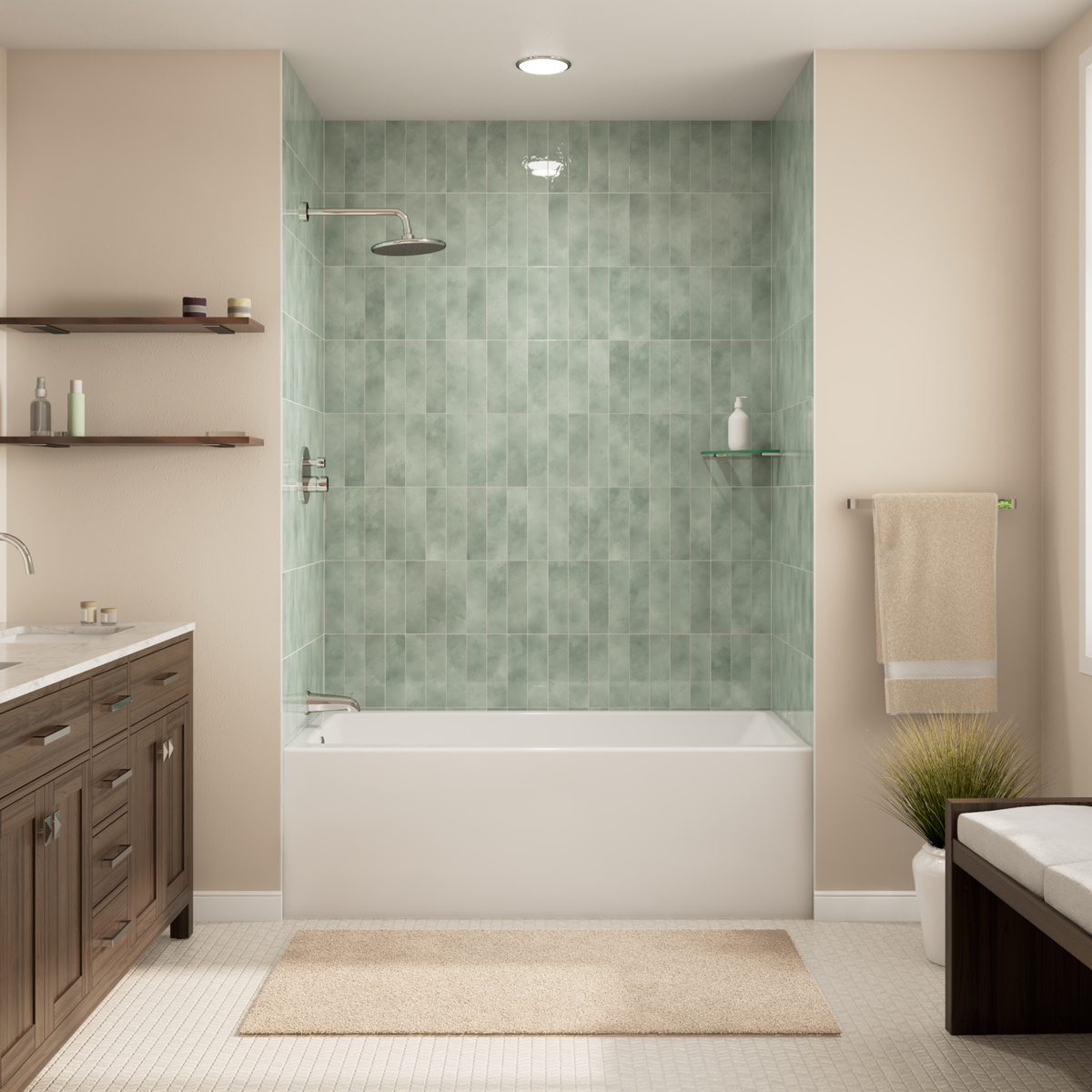 Prism 60 inch x 32 inch alcove acrylic bathtub in white, shown in a styled setting