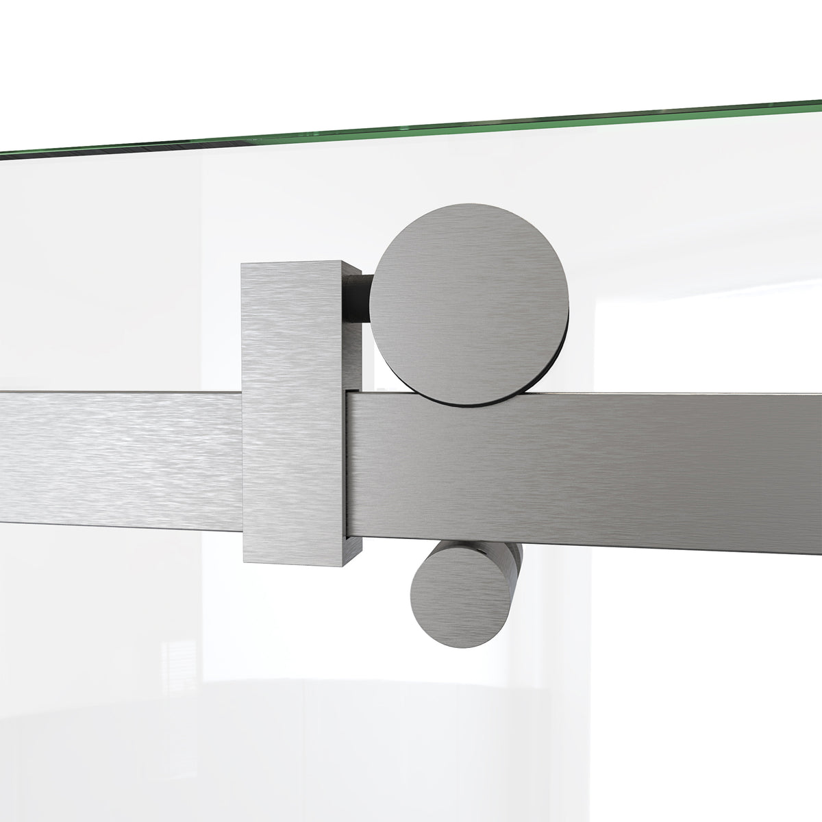 Seneca sliding shower door roller hardware detail in brushed stainless steel