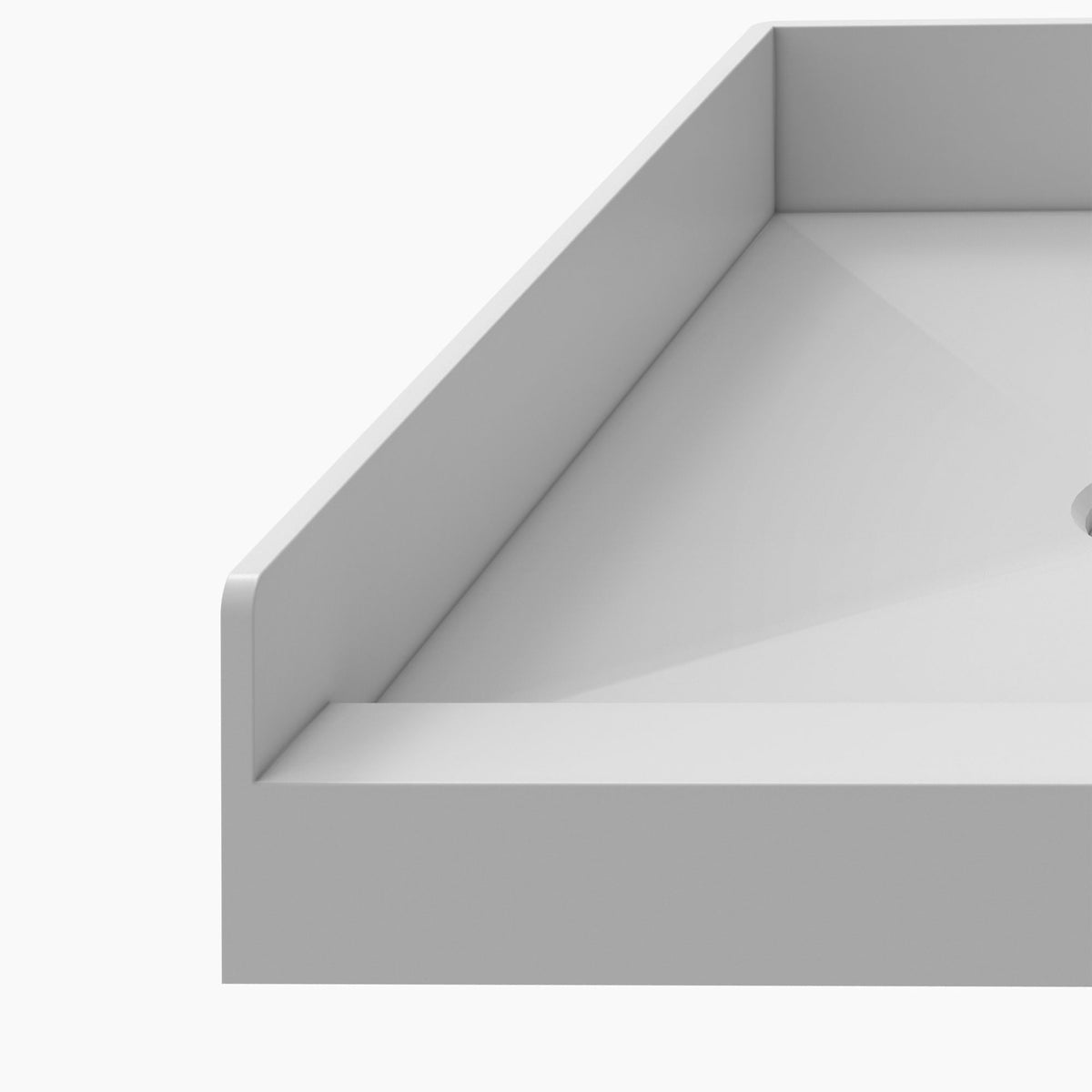 TilePrime single threshold tileable shower base pan close up of the corner, flange and curb