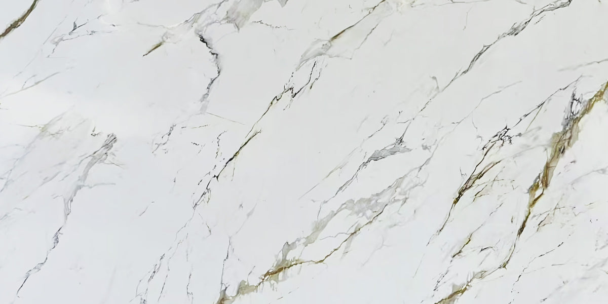 Calacatas Gold marble composite shower wall panel, white base with gray and gold veining, polished finish