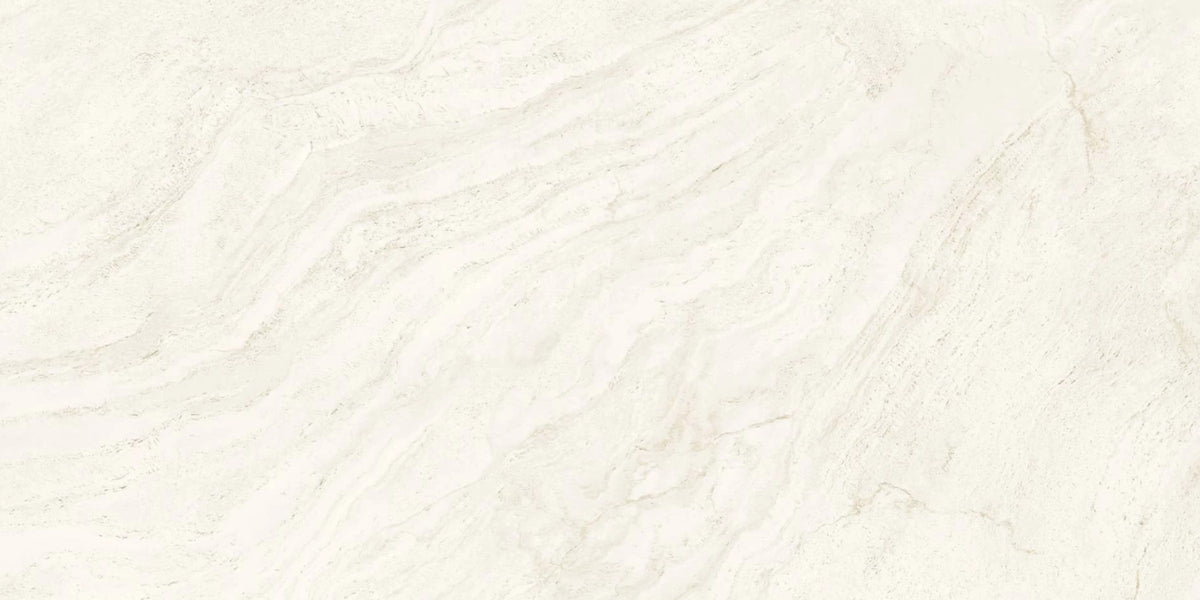 Atlas Plan Travertino Halo White porcelain slab, hammered finish, ivory base with soft travertine banding