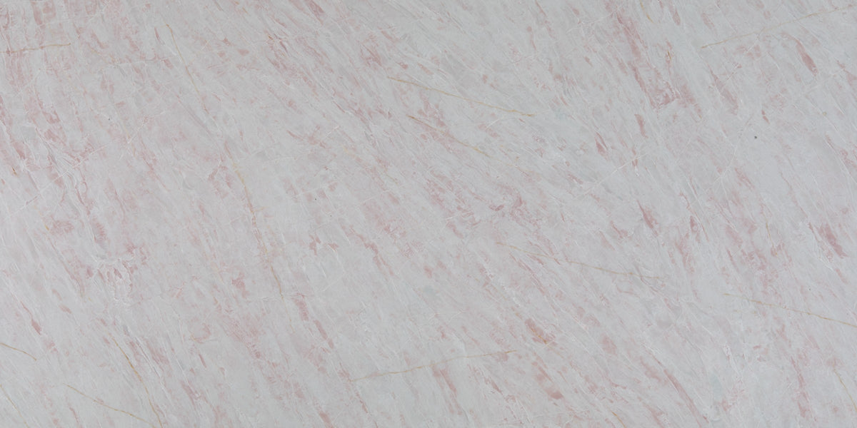 Crystallo Rose silica free quartz slab, white base with soft rose veining, polished finish