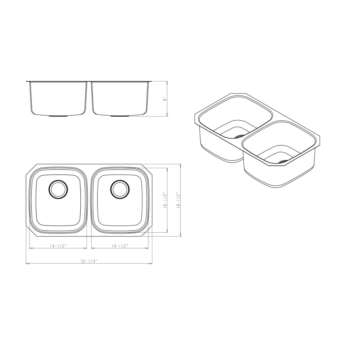 Corinne 32" 50/50 Stainless Steel Undermount Double Basin Kitchen Sink, Stainless Steel, alternate view