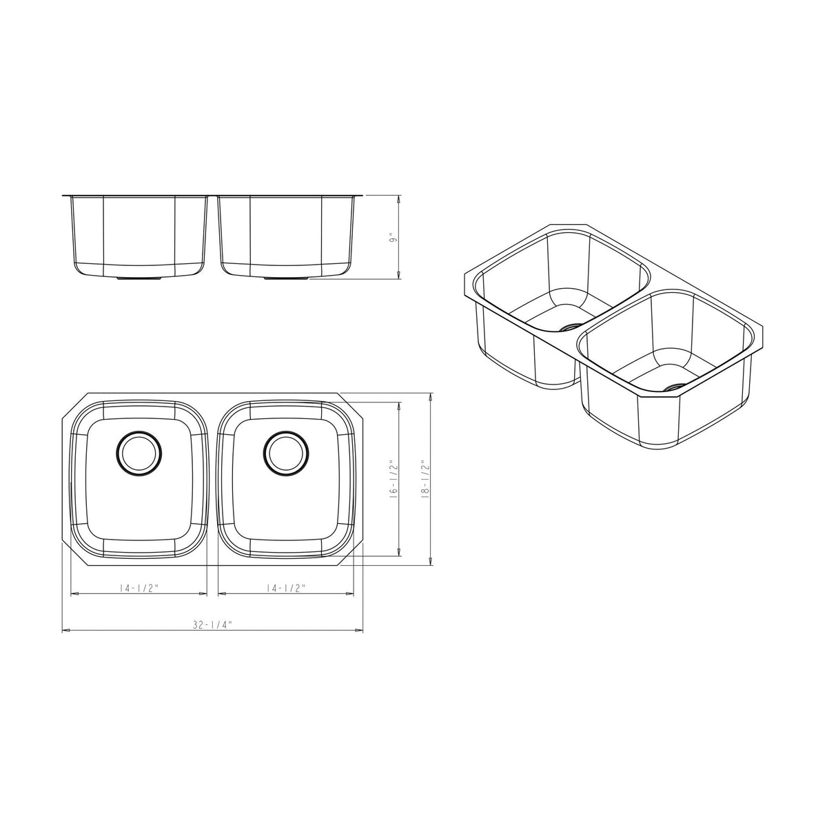 Genevieve 32" 50/50 Stainless Steel Undermount Double Basin Kitchen Sink, Stainless Steel, alternate view